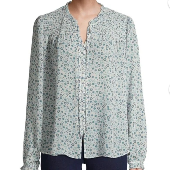 Time and Tru  Smocked Peasant Top XXL Ivory Floral V-Neck with Ruffle Trim - Picture 1 of 11
